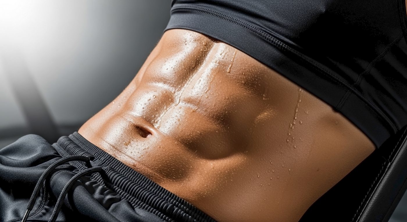 Toned, sweat-covered core in black activewear